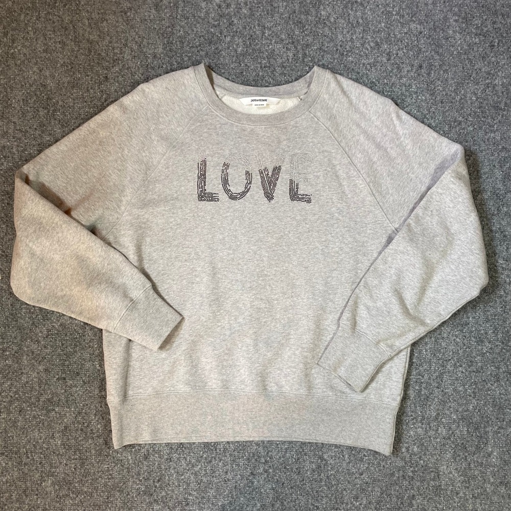 Zadig & Voltaire Sweatshirt Women Medium Gray Crewneck Embellished Cotton Bling